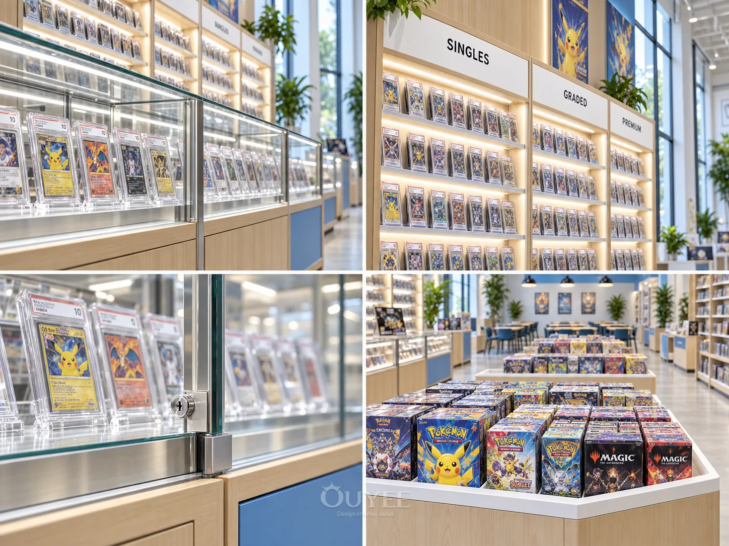 Blue Campus Trading Card Store Design interior with card display cabinets, view 2