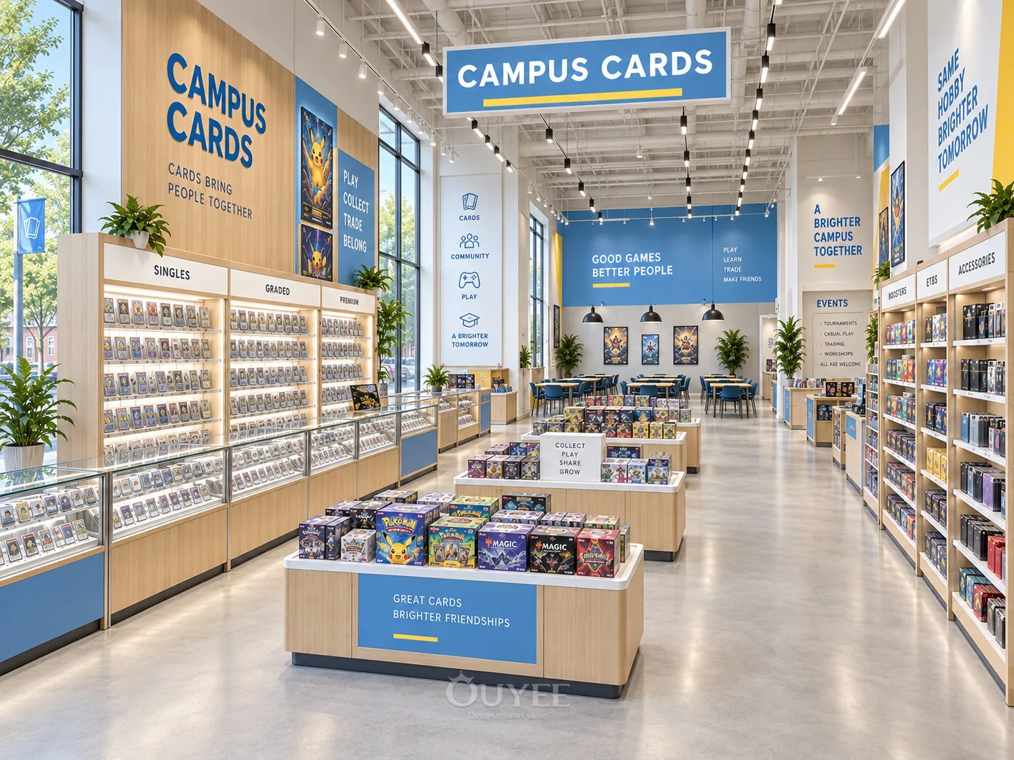 Blue Campus Trading Card Store Design interior with card display cabinets, view 3