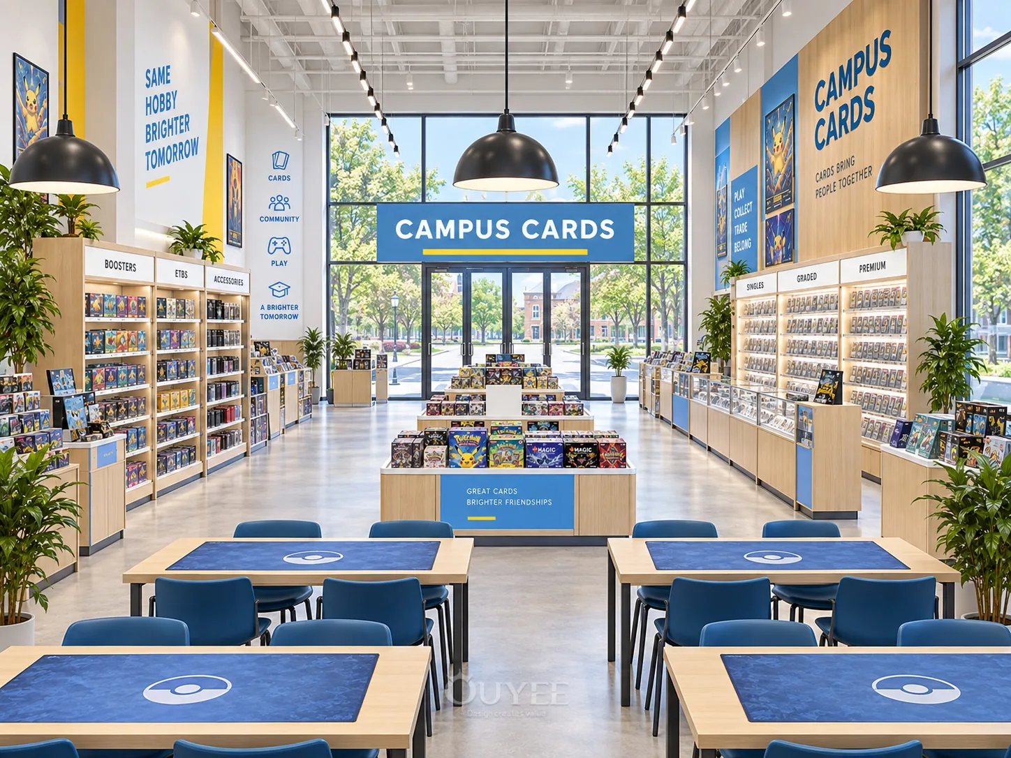 Blue Campus Trading Card Store Design interior with card display cabinets, view 4