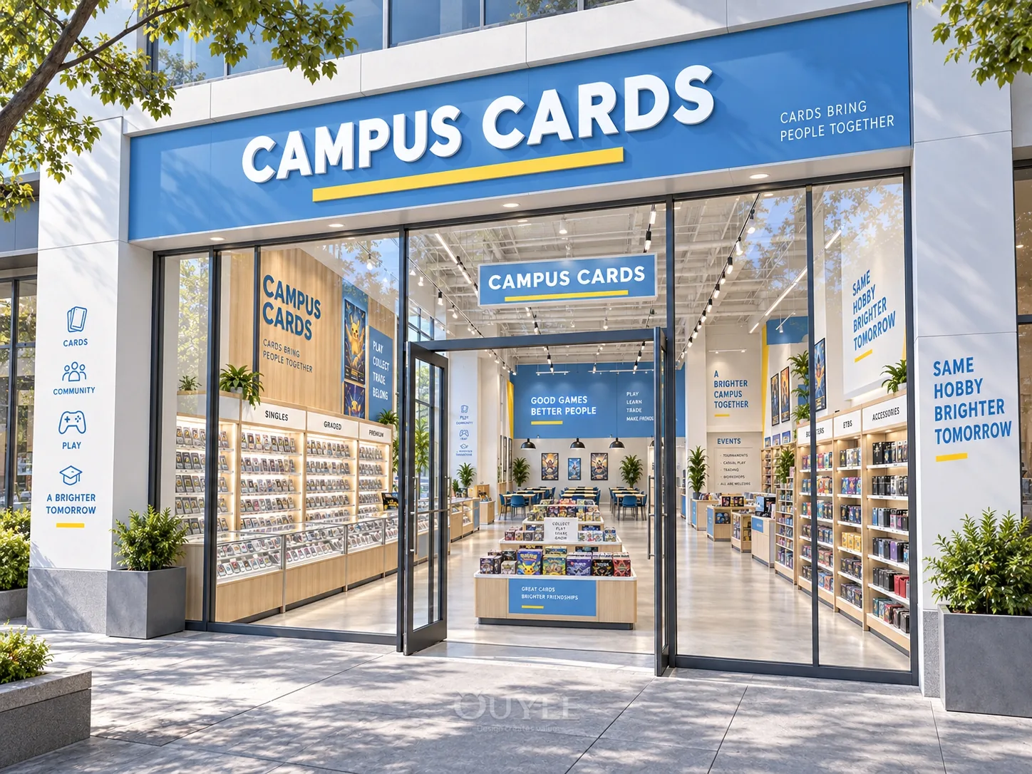 Blue Campus Trading Card Store Design storefront exterior, view 5