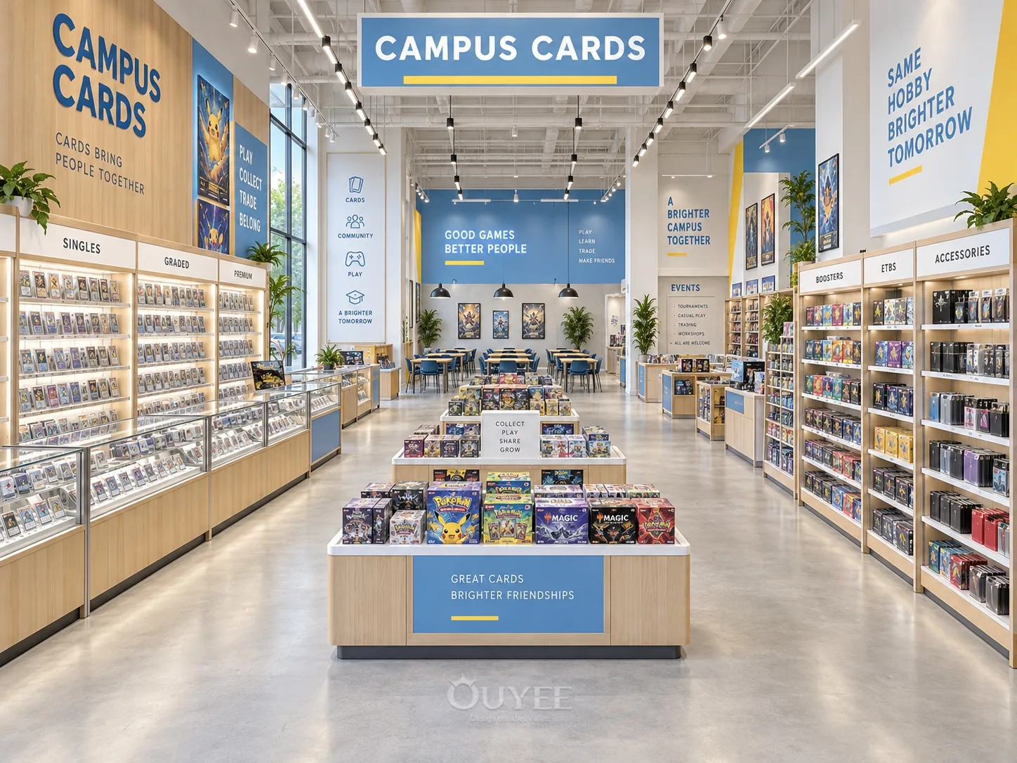 Blue Campus Trading Card Store Design interior with card display cabinets, view 6