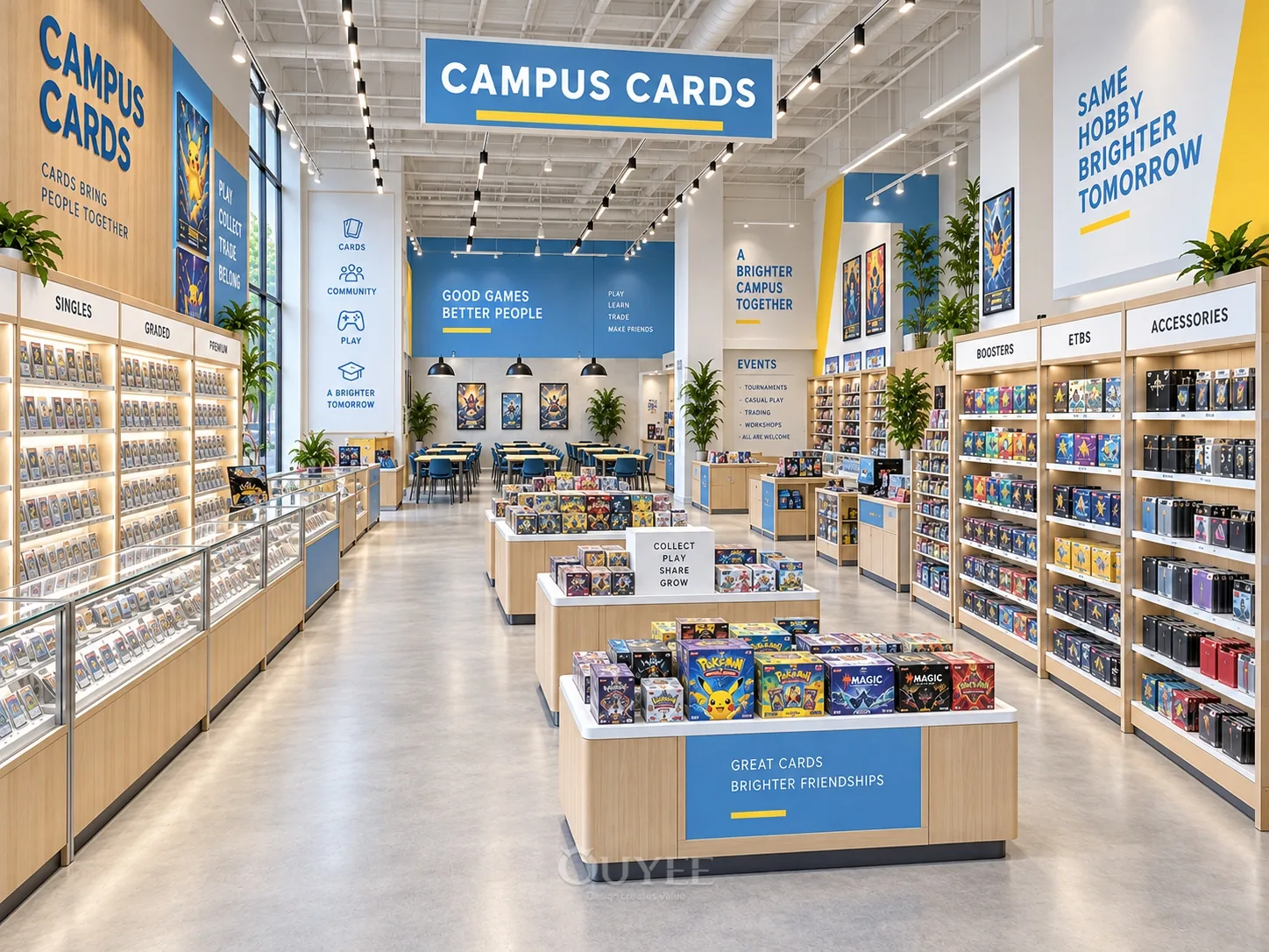 Blue Campus Trading Card Store Design interior with card display cabinets, view 7