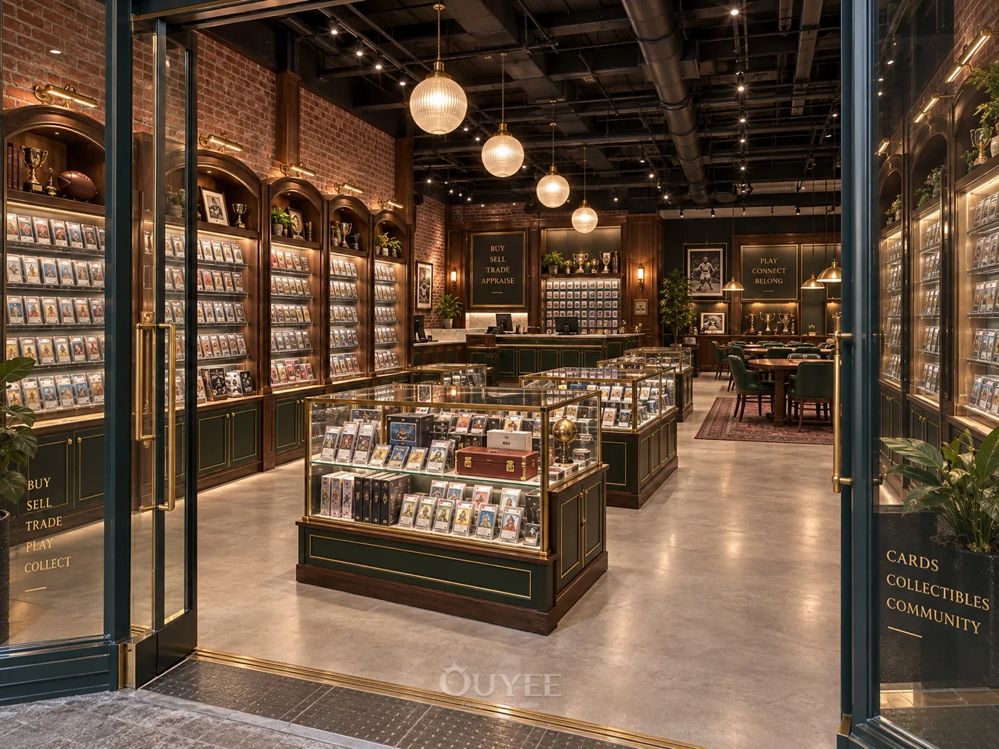 Dark Timber Trading Card Store Interior Design interior with card display cabinets, view 1
