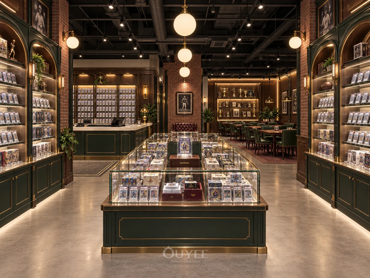 Dark Timber Trading Card Store Interior Design interior with card display cabinets, view 2