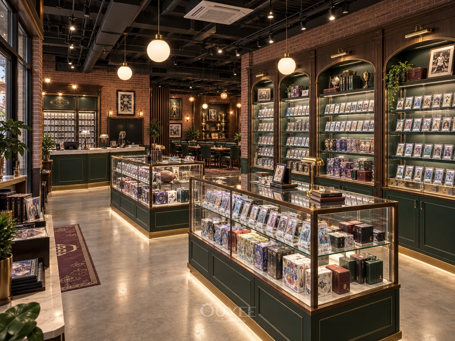 Dark Timber Trading Card Store Interior Design interior with card display cabinets, view 3