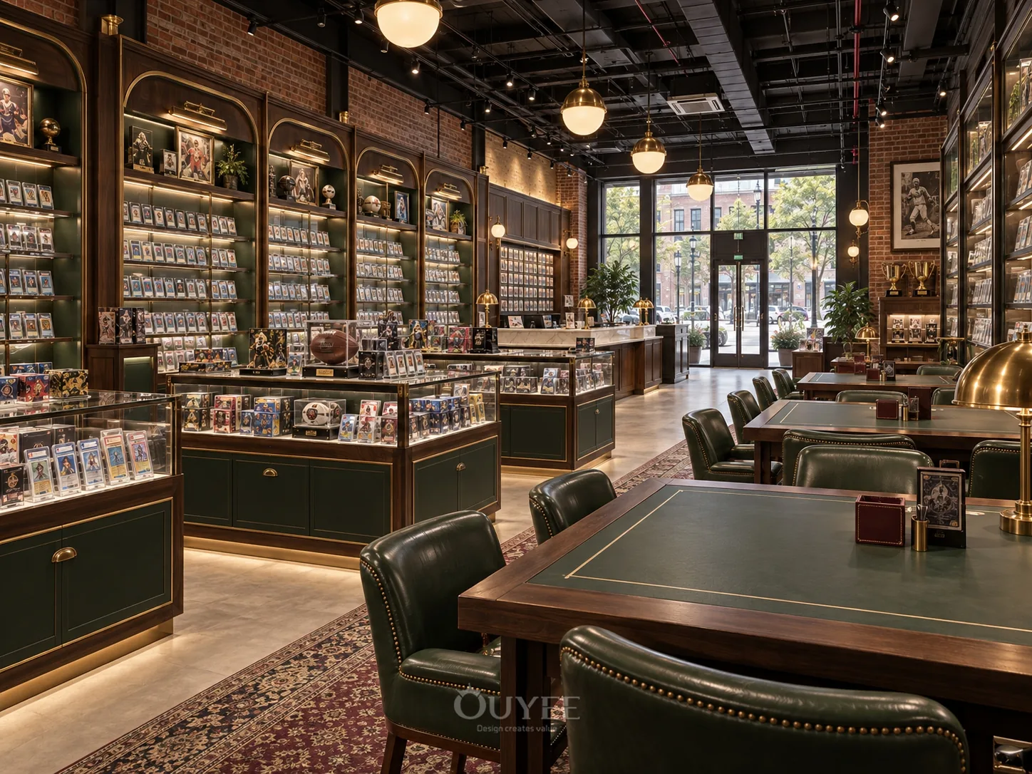 Dark Timber Trading Card Store Interior Design interior with card display cabinets, view 4