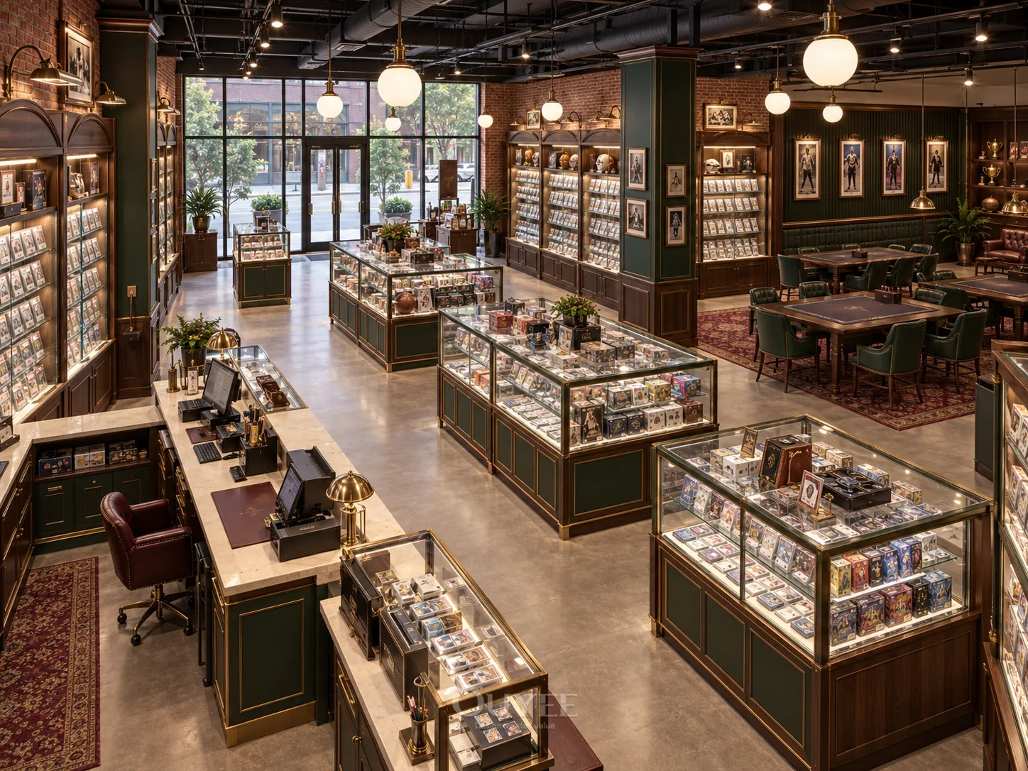 Dark Timber Trading Card Store Interior Design interior with card display cabinets, view 5