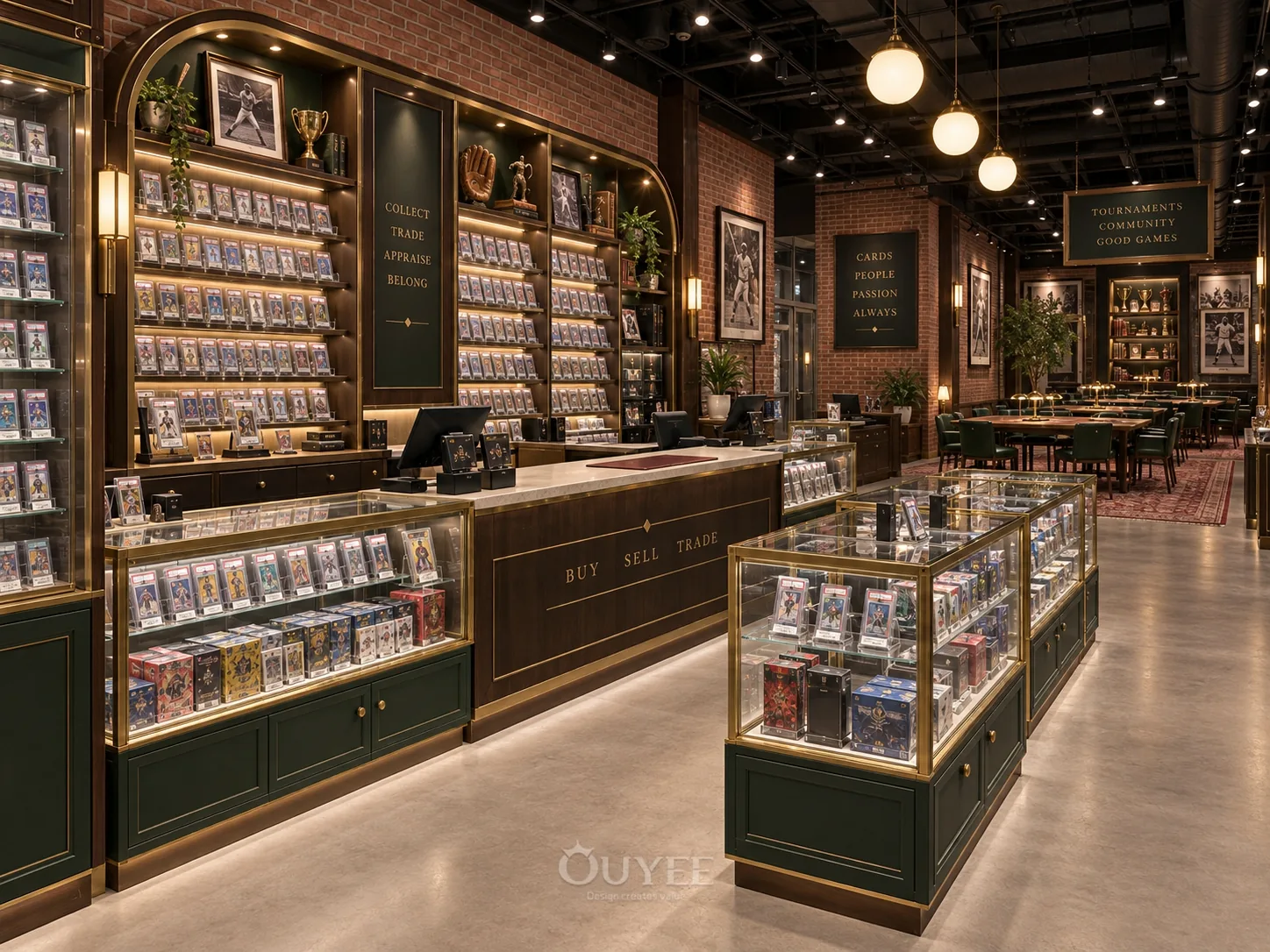 Dark Timber Trading Card Store Interior Design interior with card display cabinets, view 6