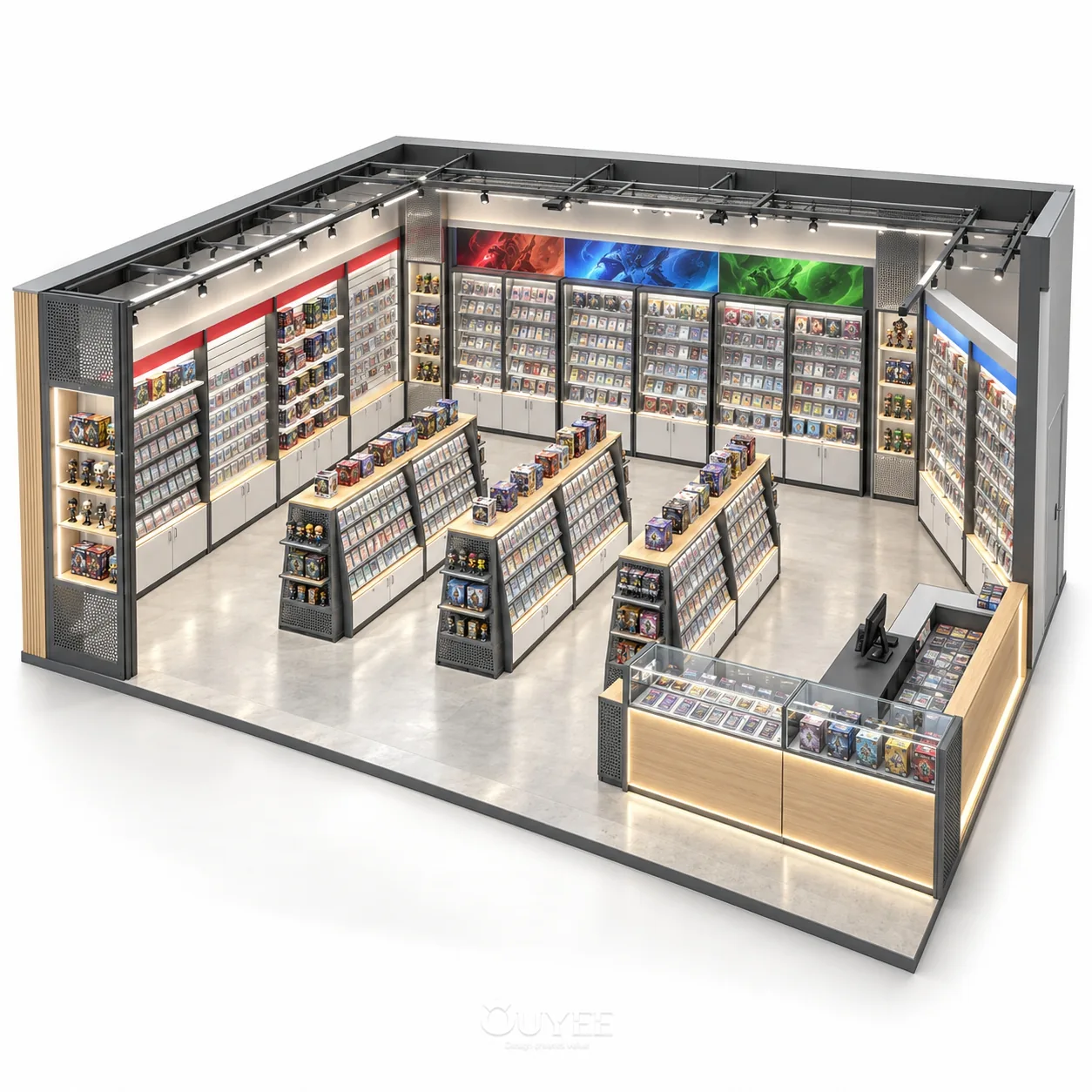ホワイトモジュラーカードストアレイアウト3D備品配置、ビュー1