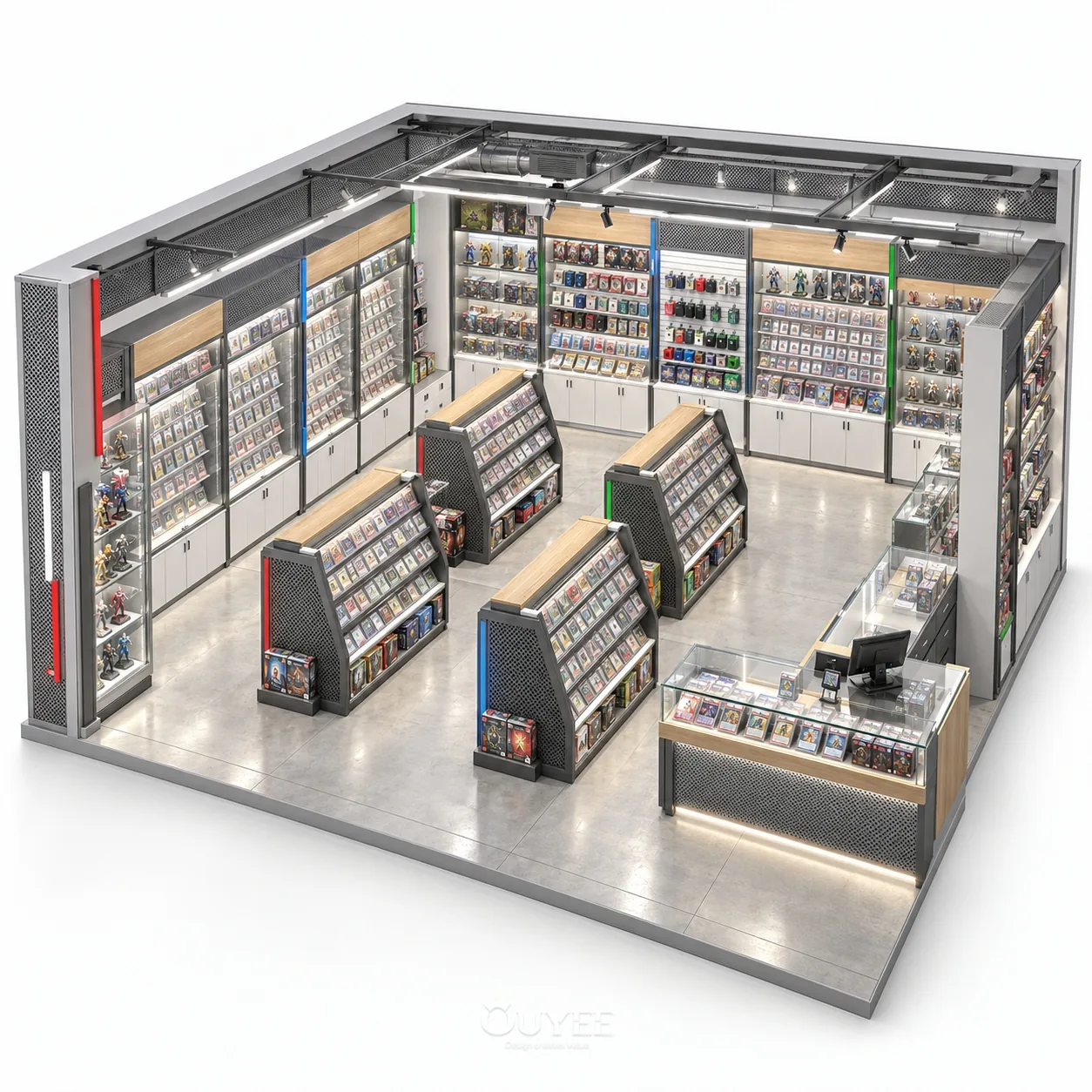 ホワイトモジュラーカードストアレイアウト 3D備品レイアウト、ビュー5