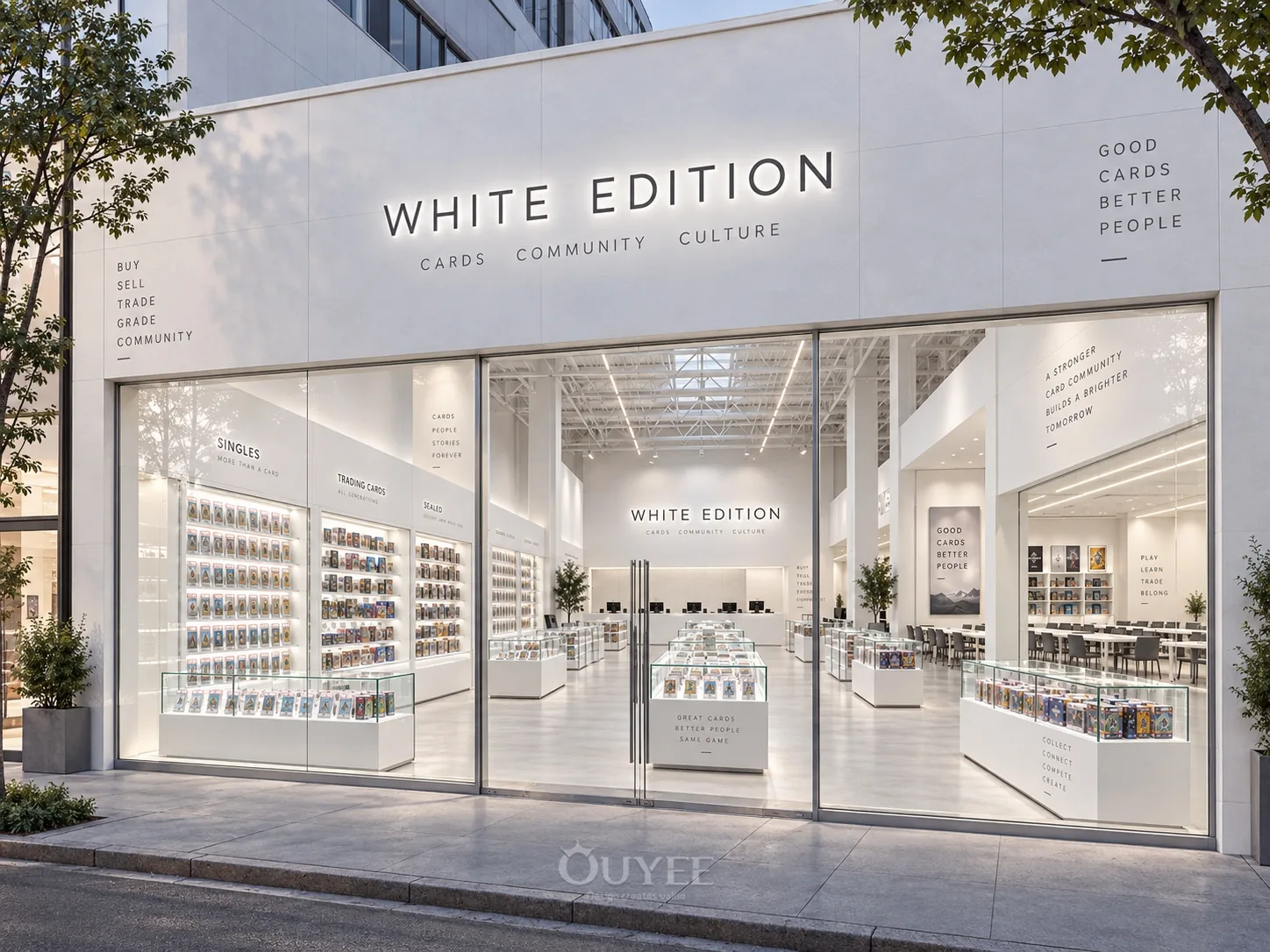 Fachada de la boutique de tarjetas de colección con arco blanco, vista 1