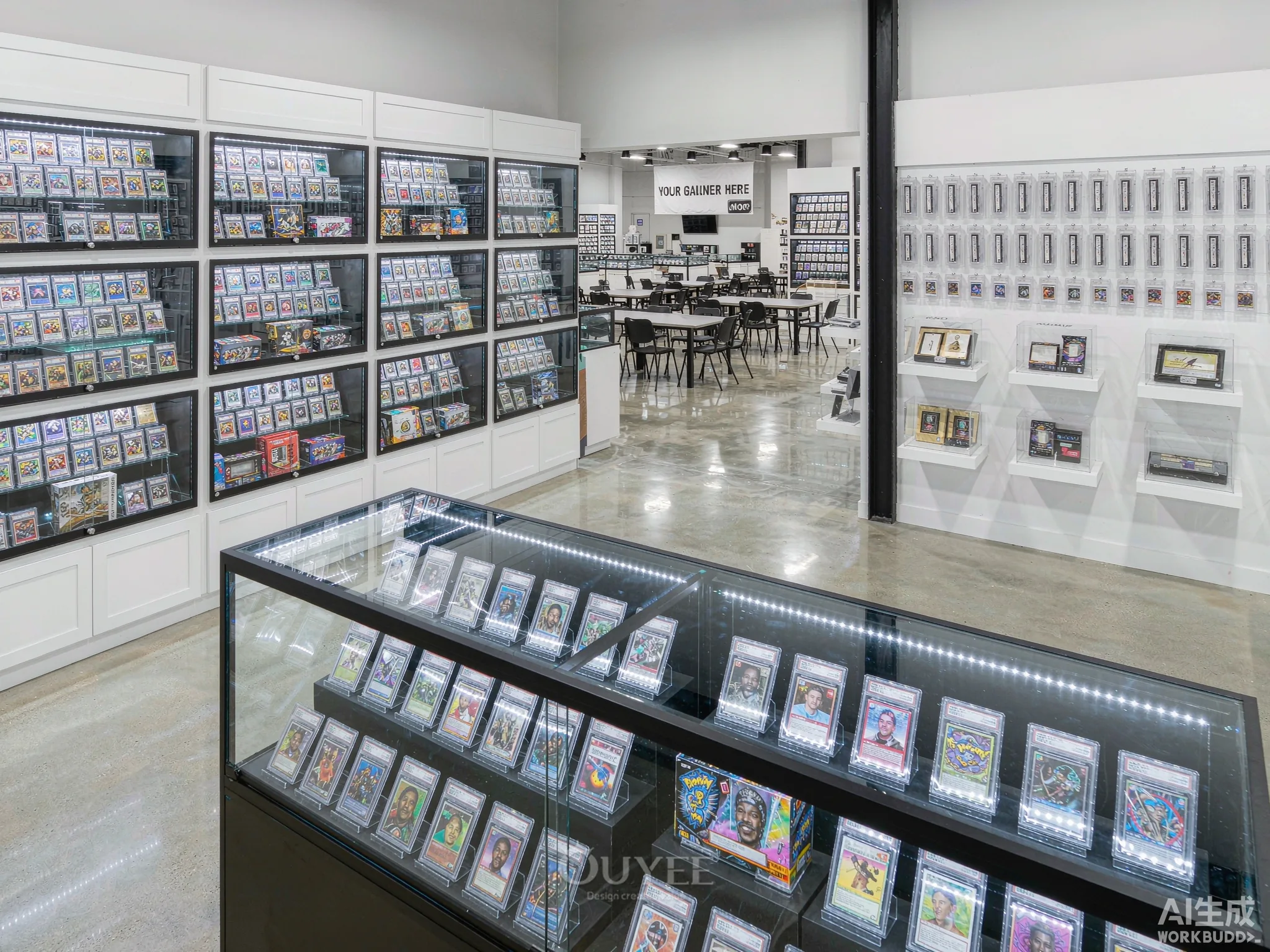 Interior de la boutique de tarjetas de colección con arco blanco con vitrinas de exhibición de tarjetas, vista 4