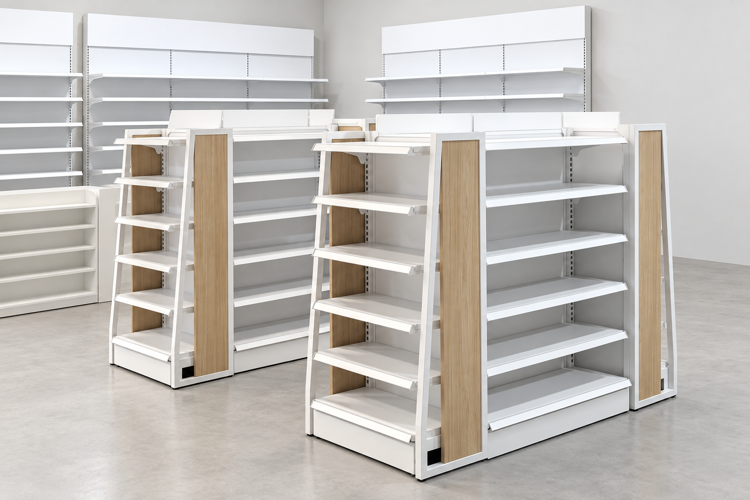 Pharmacy Gondola Anti-Tip Planning: Installation Questions and Handover Checks 2 Reference illustration of compact pharmacy gondolas with white shelves and pale wood end inserts