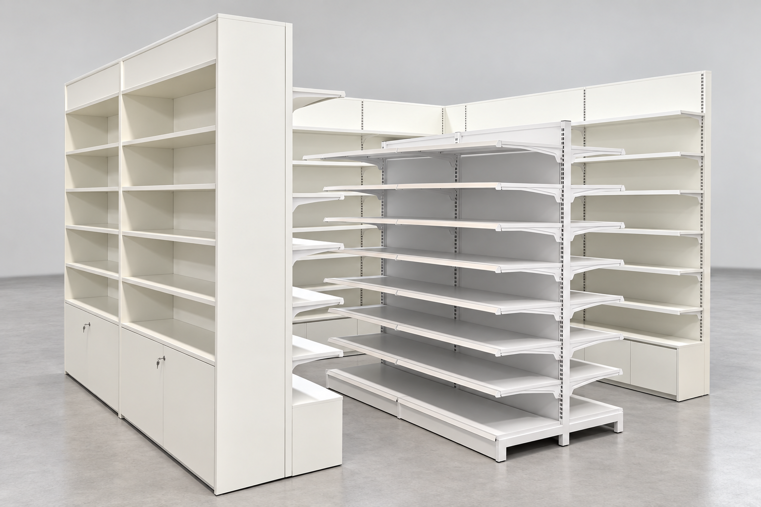 Pharmacy Gondola Anti-Tip Planning: Installation Questions and Handover Checks 1 Reference illustration of white double-sided pharmacy shelving beside taller perimeter bays
