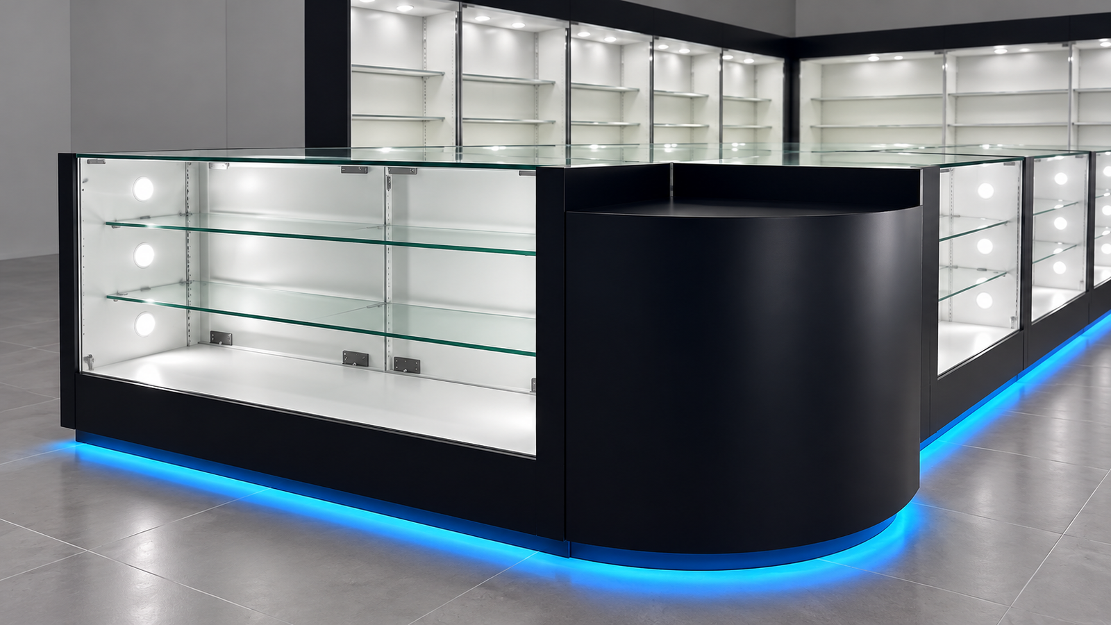 Planning Key Identification for Multiple Smoke Shop Showcases 1 Illustration of a curved black glass display counter with white interior shelves