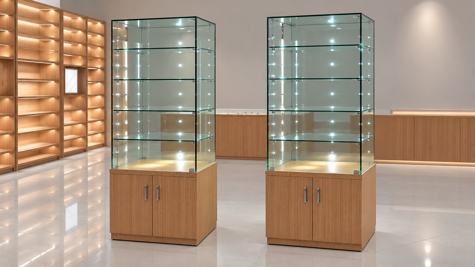 Planning Key Identification for Multiple Smoke Shop Showcases 2 Illustration of two glass tower cabinets with separate wood lower compartments