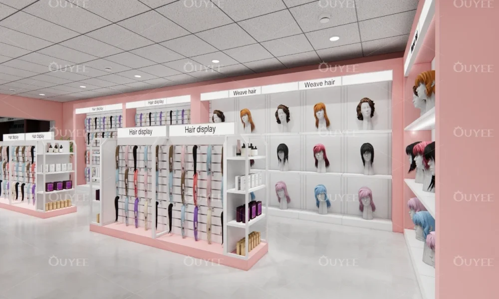 Vetrina espositiva per salone di bellezza e pannelli Slatwall (7)