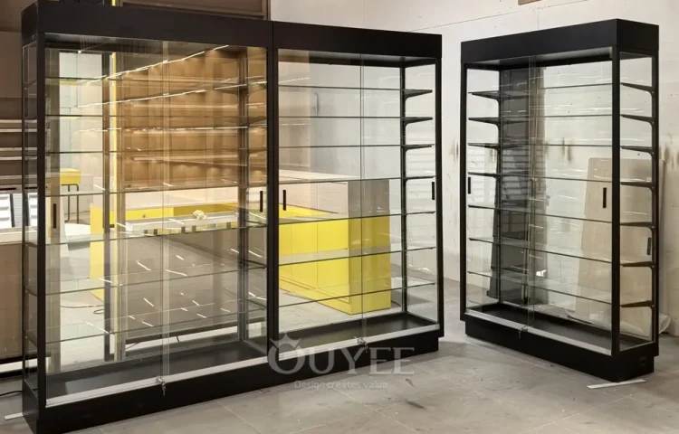 Black Glass Display Cabinet Set with Open Corner Layout 01