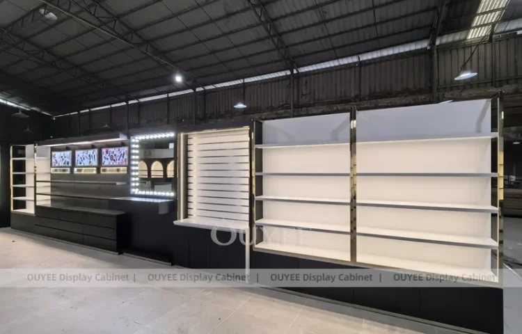 Black Linear Perfume Wall Shelving With Lightbox Band_01