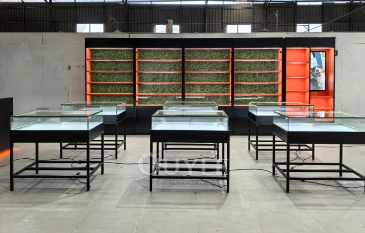 Black Metal Island Display Cabinet Set with Orange Accent Wall 01