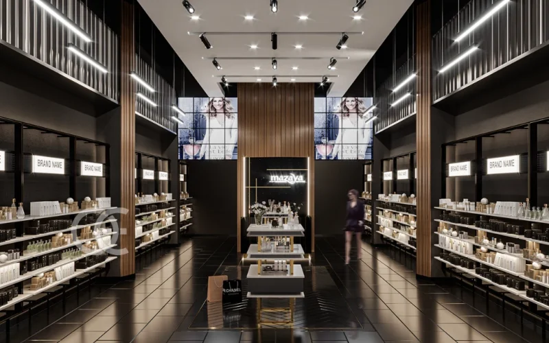 Дизайн черного дисплей-шкафа для духов с запирающимися стеклянными шкафами (3)