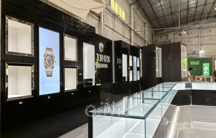 Black Wall Display Cabinet with Digital Poster Niches 01