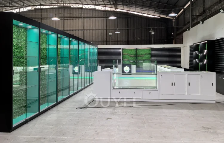 Black and Teal Wall Display Cabinet with Glass Counter Set 01