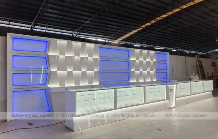 Синий LED-оптический дисплейный стенд с стеклянными прилавками и декоративными панелями_01