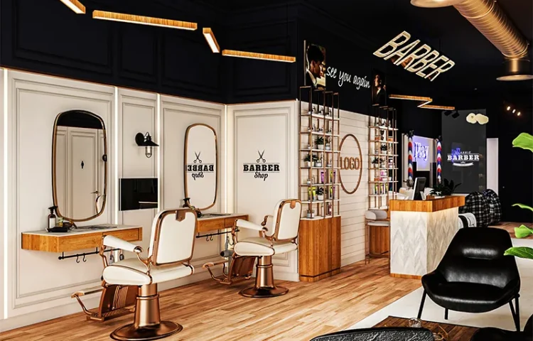 Área de Estilo de Barbearia de Marca com Estações Brancas e Piso de Madeira_01