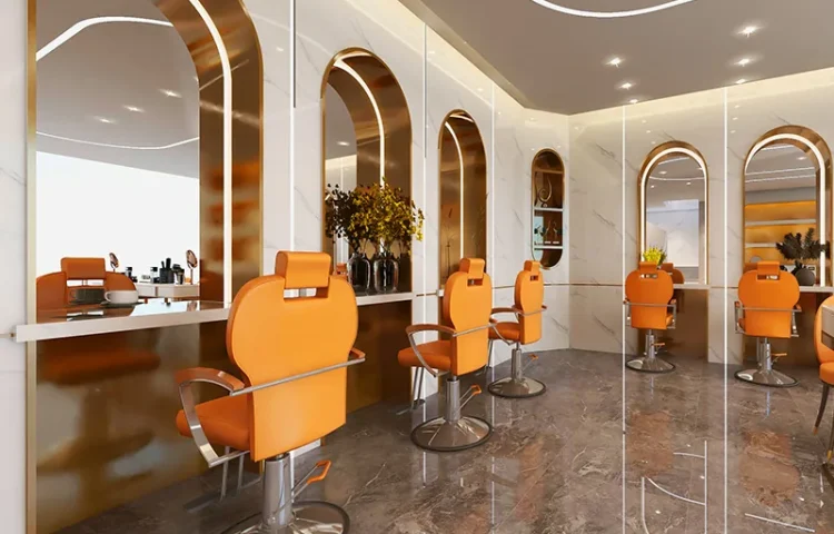 Área de Estilo de Salão Marrom e Creme com Espelhos Arqueados_01