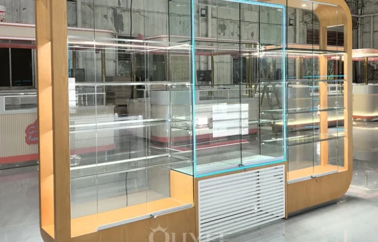 Curved Wood Freestanding Display Cabinet with Glass Center 01