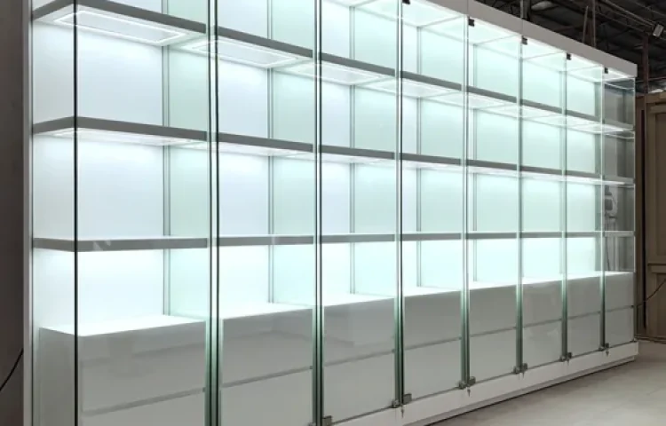 Frosted White Glass Display Cabinet Wall with Base Storage 01