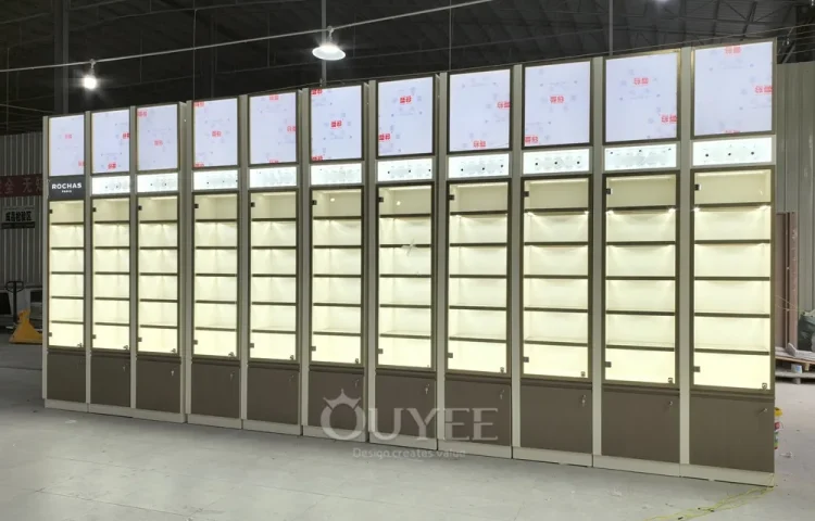 Full Height Illuminated Display Cabinet Wall with Header Panels 01