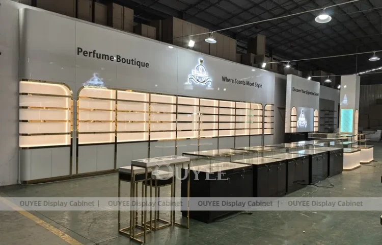 Стена для выставки парфюмерии в серых тонах с длинным центральным островом_01