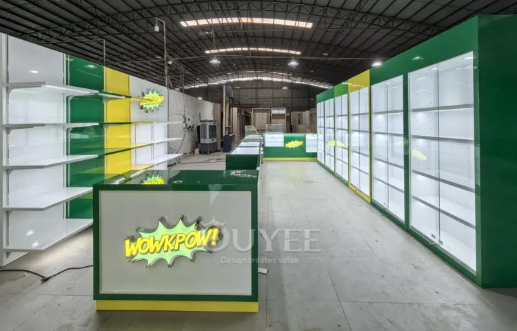 Green and White Retail Display Cabinet with Service Counter 01