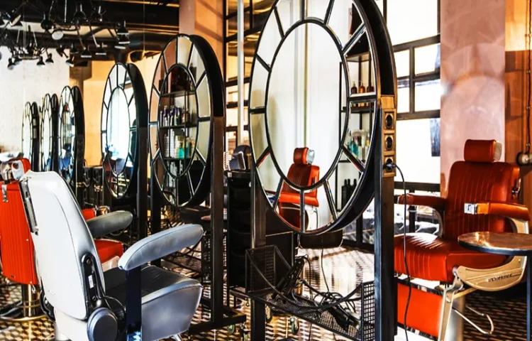 Estação de Estilo de Barbearia Industrial com Espelhos Redondos_01