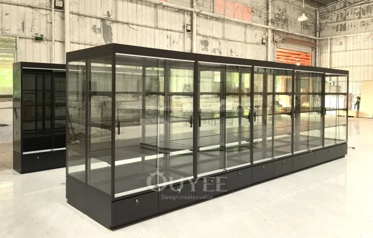 Long Black Wall Display Cabinet with LED Shelves 01