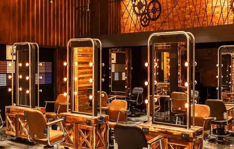 Estação de Estilo de Barbearia de Luxo com Espelhos de Cobre e Cadeiras_01