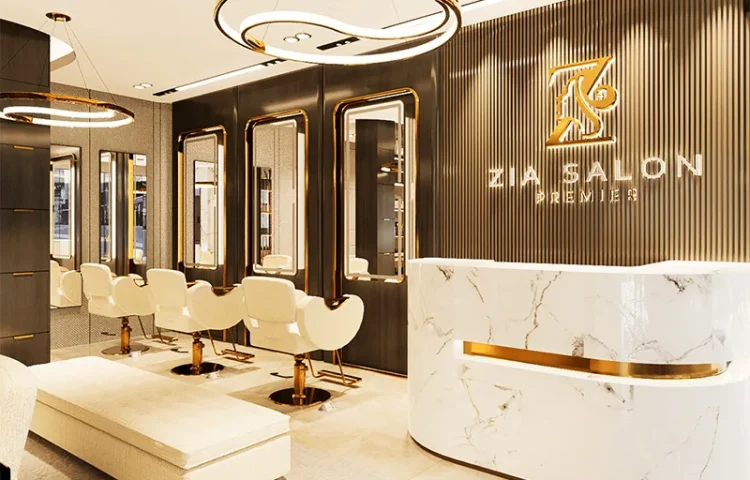 Interior de Salão Luxuoso Preto e Dourado com Cadeiras de Estilo e Prateleiras de Varejo_03