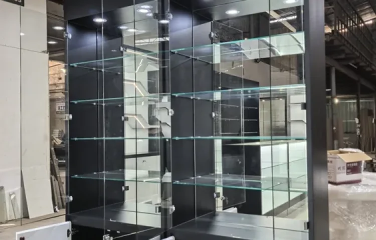 Matte Black Glass Tower Display Cabinet with Locking Doors 01
