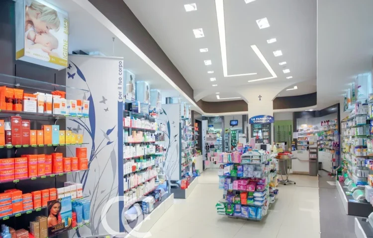 مكتب استقبال عرض مضاء خلفيًا لمتجر طبي 3