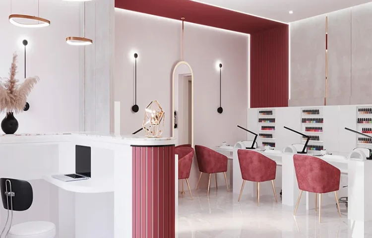 Balcão de Manicure de Salão de Unhas Rosa e Branco com Divisórias Arqueadas_01