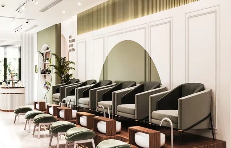 Lounge de Salão Branco Suave com Parede de Espelho em Arco Curvo_01
