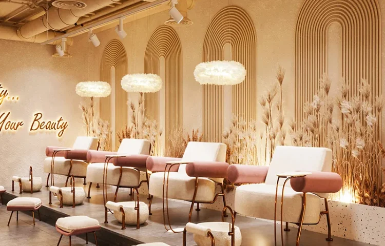 Área de Estilo de Salão de Beleza Bege Quente com Decoração Floral na Parede_01