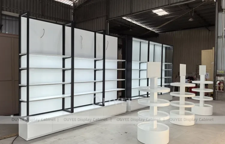 Настенная стена для парфюмерии и круглая выставочная стойка в белом цвете_01