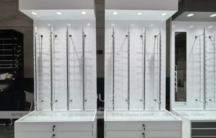 LED aydınlatmalı ve çekmeceli tabanlı Beyaz Gözlük Sergileme Dolabı_01