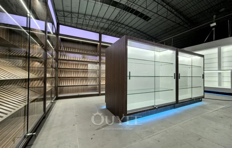 Wood Grain Display Cabinet Island Set with Blue Base Lighting 01