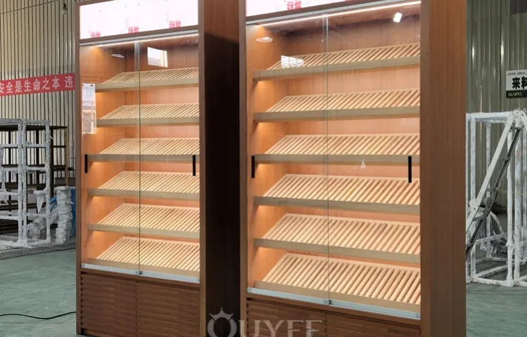 Wood Veneer Display Cabinet with Slanted Shelves 01