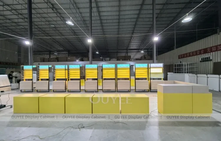 Sarı Optik Mağaza Sergileme Mobilyası ile Duvar Rafları ve Tezgahlar_01