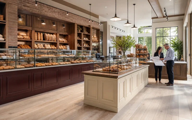Bäckereiplanüberprüfung neben Ouyee-Glasvitrinen, burgunderfarbene Paneele, Brotwand-Schränke und Creme-Insel